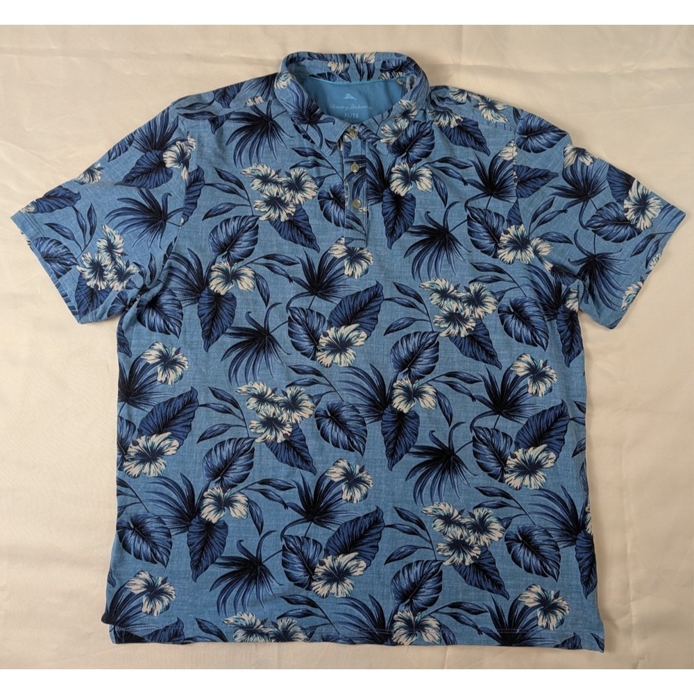 Tommy‎ Bahama Mens XL Blue Floral Tropical Polo Shirt Cotton Stretch